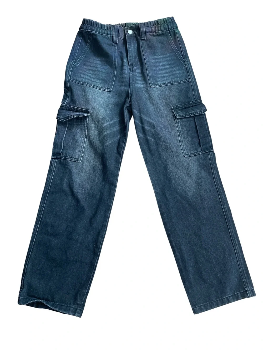 BLANKNYC Girls Hours Later Cargo Jeans Washed Black Elastic Waist Big Kids Sz XL